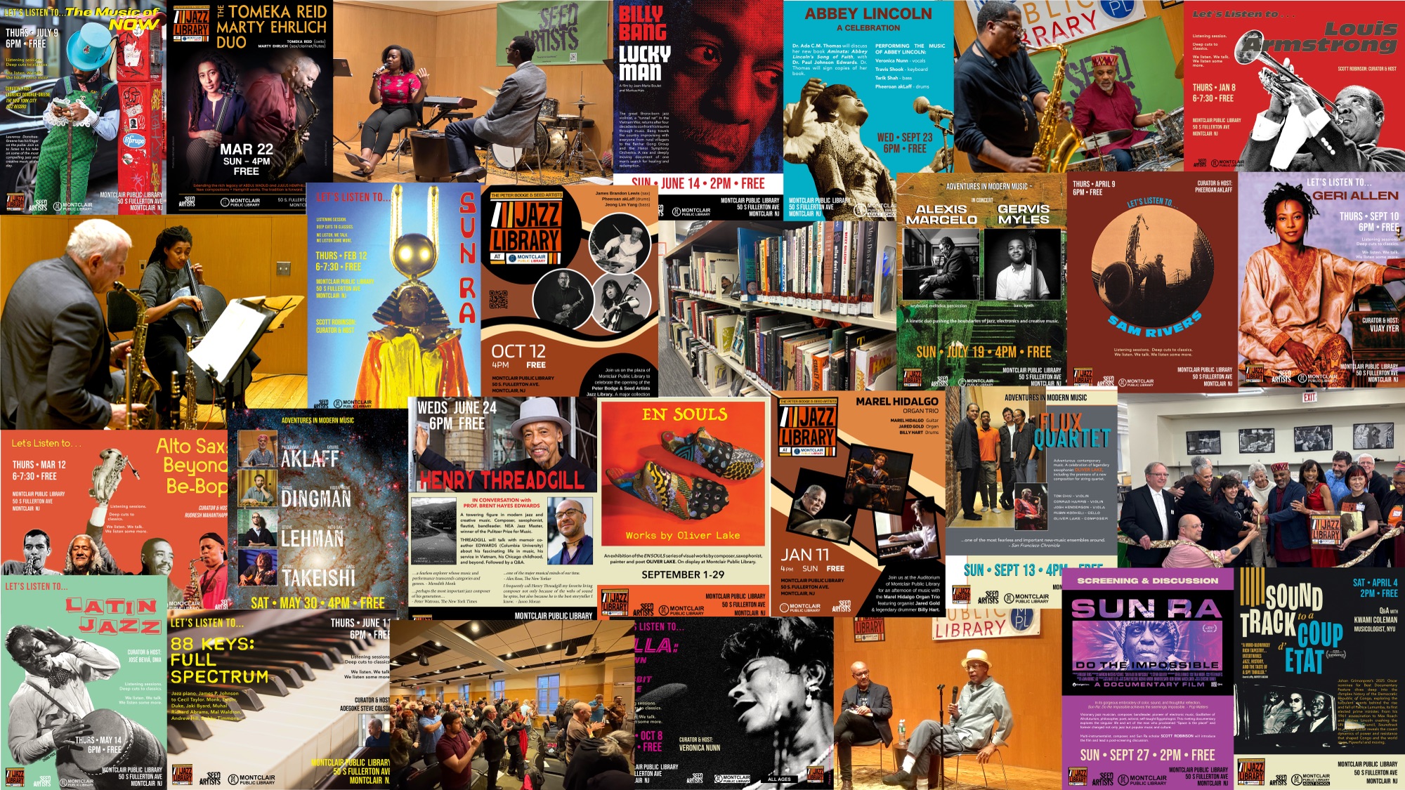 A collage of Seed Artists events at Montclair Public Library: concert and listening-session photos with flyers for concerts, screenings and talks